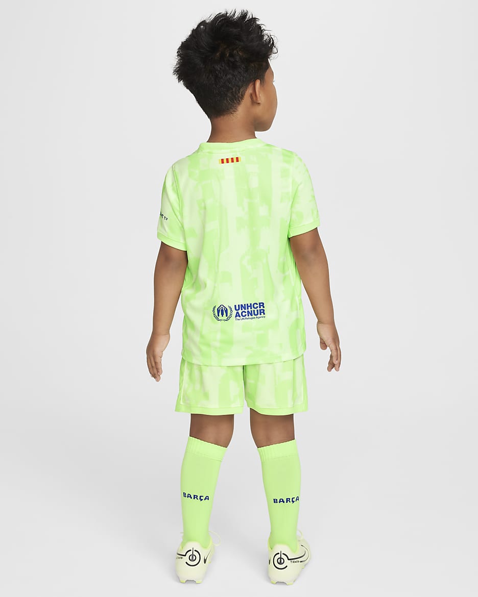 F.C. Barcelona 2024 25 Stadium Third Younger Kids Nike Football Replica Three Piece Kit Yellow Polyester 50 Recycled Polyester